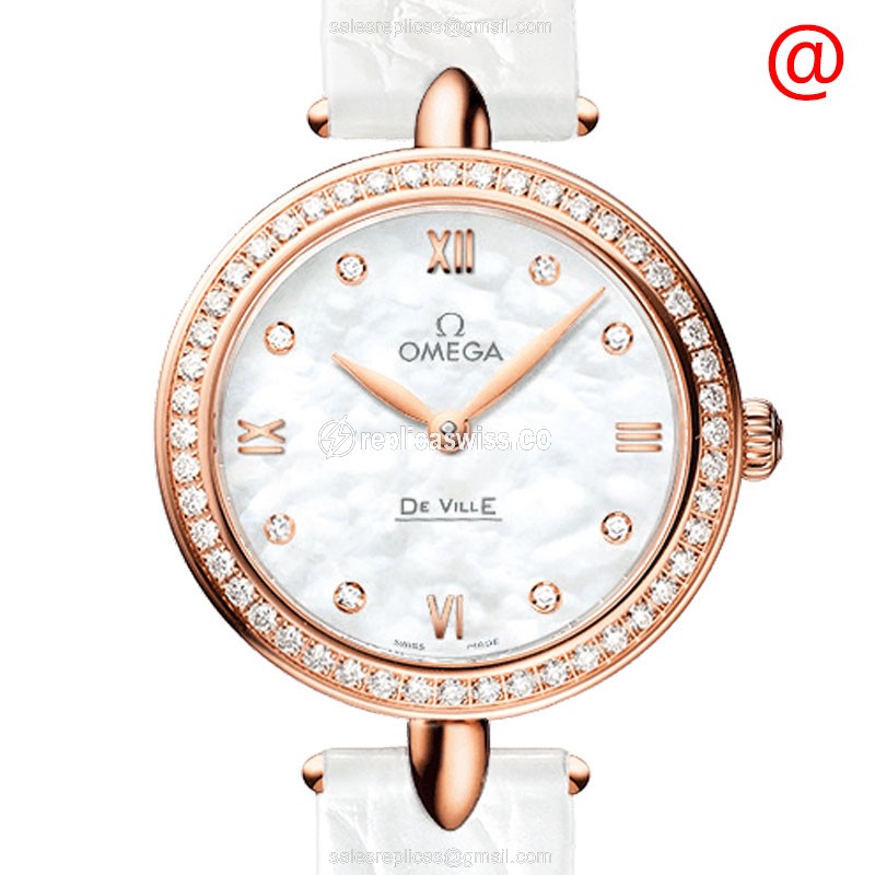 Luxurious Omega De Ville Replica in 18kt Rose Gold, White Dial, Elegant Quartz Movement Watch