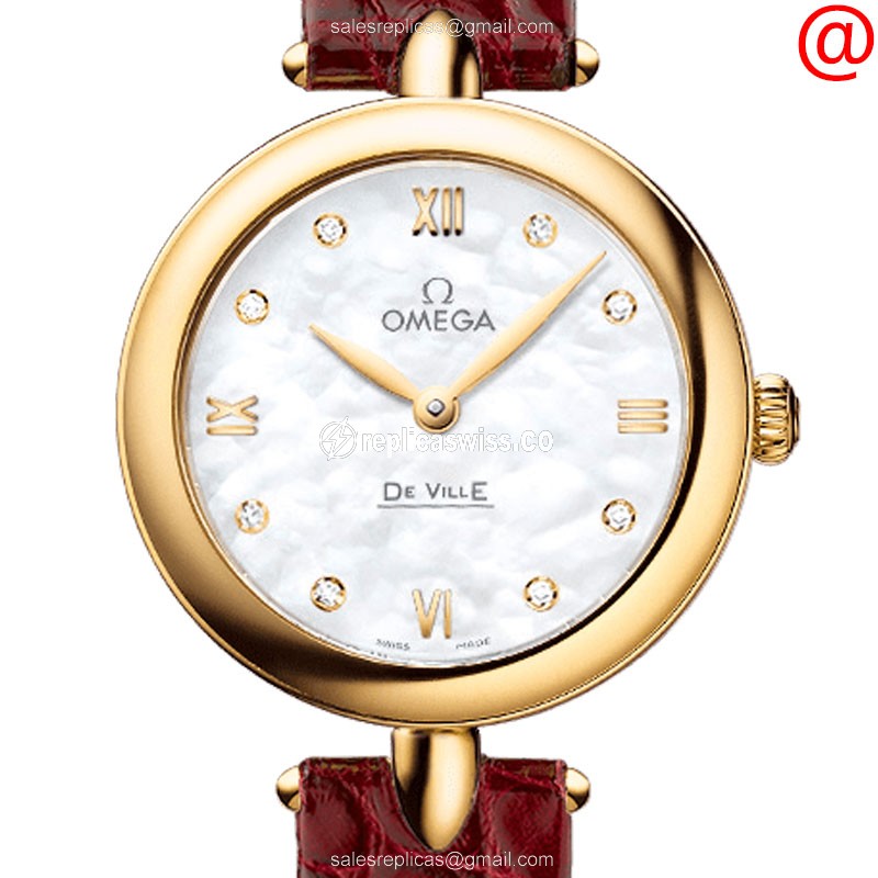 Luxurious Omega De Ville Replica in 18kt Yellow Gold, White Dial & Leather Strap Watch