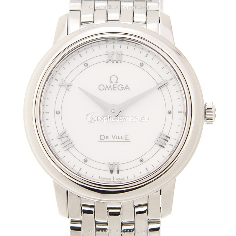 Luxurious Omega De Ville Replica in White Dial & Stainless Steel Case, Precision Quartz Movement