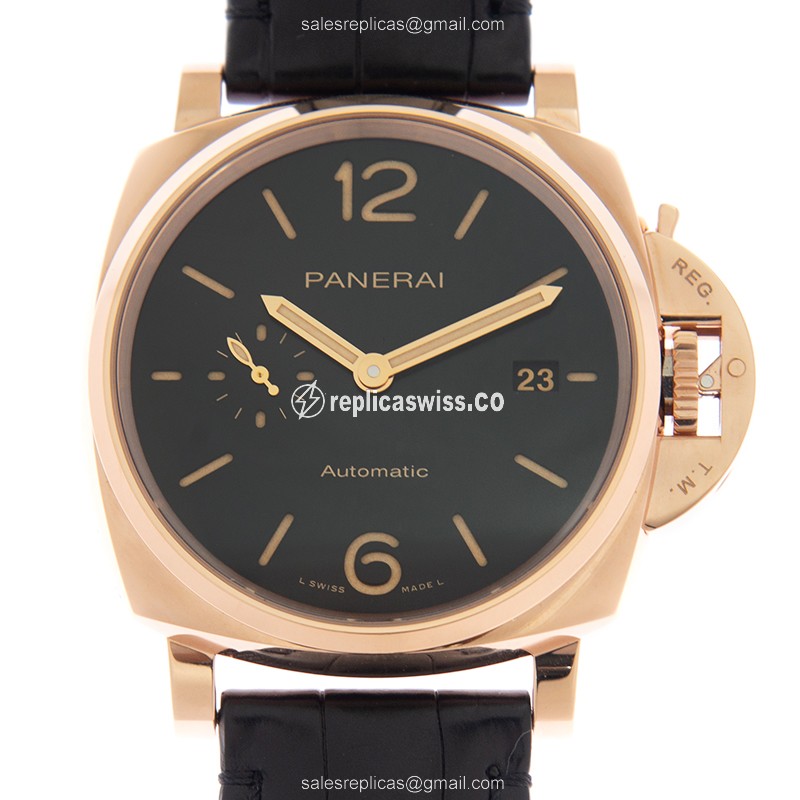 Luxurious Panerai LUMINOR DUE Replica in 18kt Gold Case, Automatic Movement, Black Dial Watch