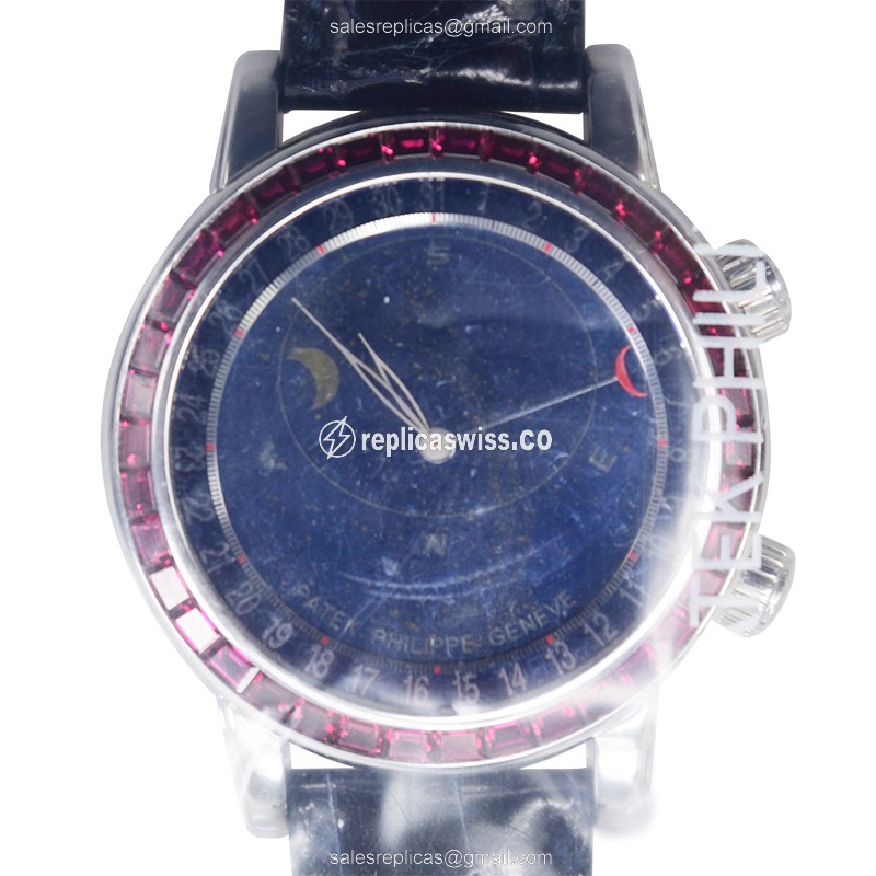 Luxurious Patek Philippe 6104-12P-010 Replica in 18kt White Gold with Blue Sapphire Crystal & Ruby