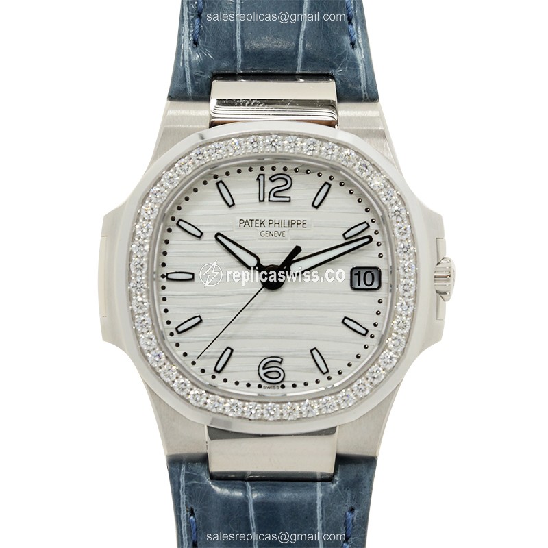 Luxurious Patek Philippe 7010G-011 Replica in 18kt White Gold, Silver Dial, Blue Alligator