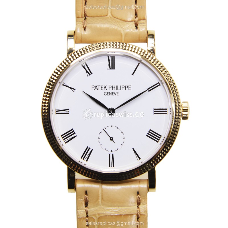 Luxurious Patek Philippe 7119J-010 CALATRAVA Replica, Manual Wind, 18kt Gold Case & White Dial Watch