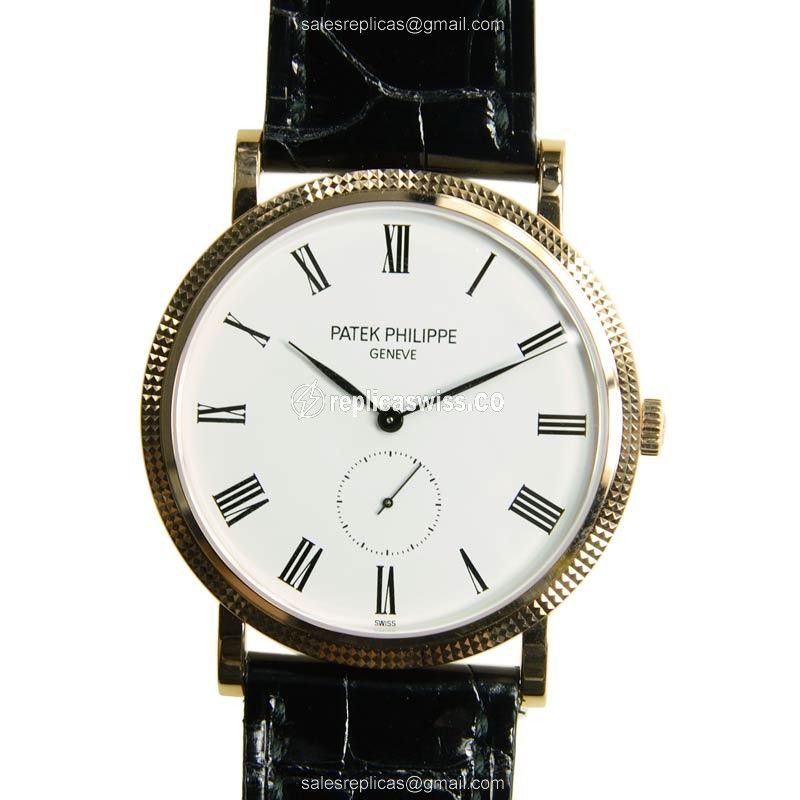 Luxurious Patek Philippe Calatrava Replica with Manual Wind Movement, White Dial, 18kt Gold