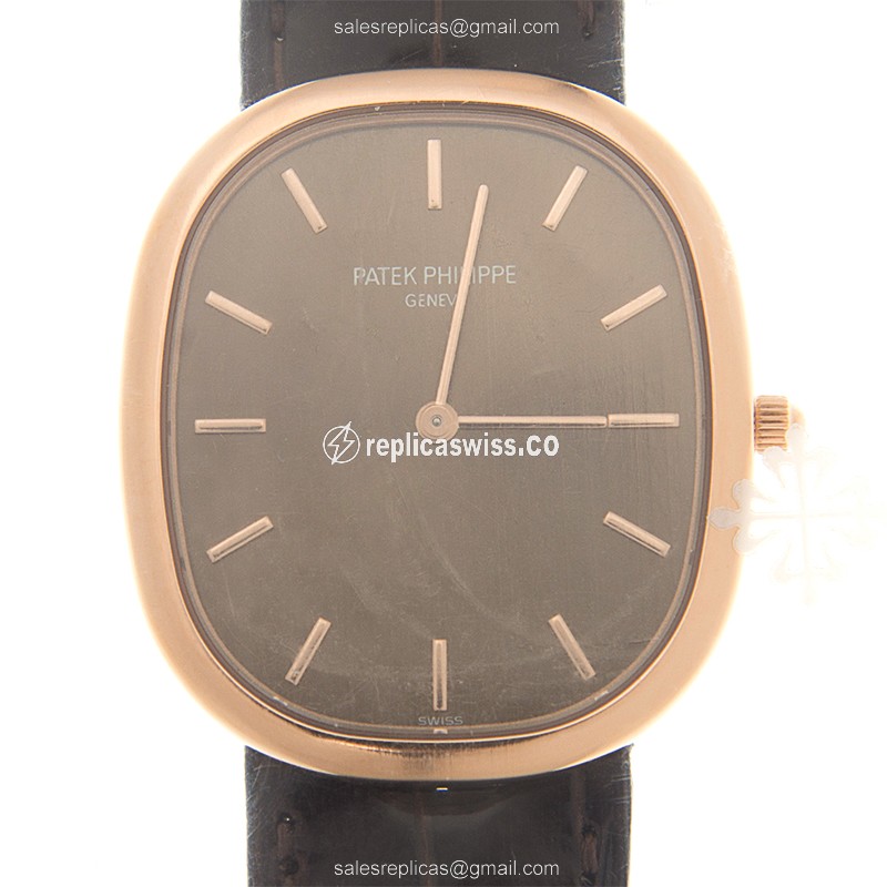 Luxurious Patek Philippe Ellipse Replica, Automatic Movement, 18kt Gold Case & Brown Alligator