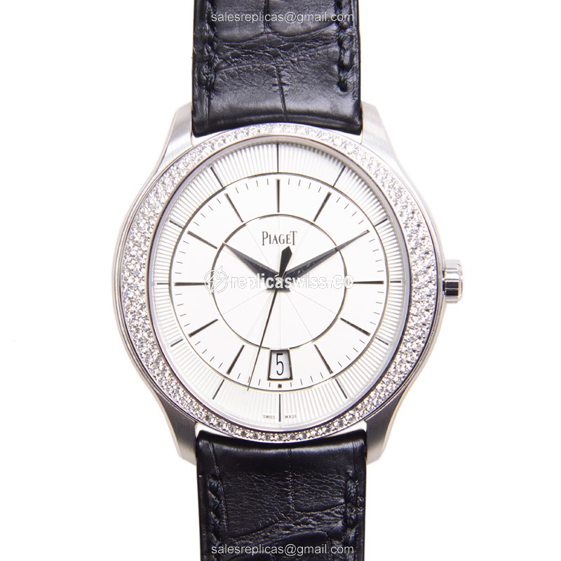Luxurious Piaget GOUVERNEUR Automatic Replica in 18kt White Gold, Silver Dial, Alligator strap