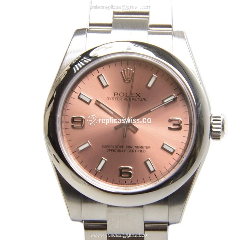 Luxurious Pink Dial Steel Case Automatic Rolex OYSTER PERPETUAL Replica Watch, Silver Steel Strap