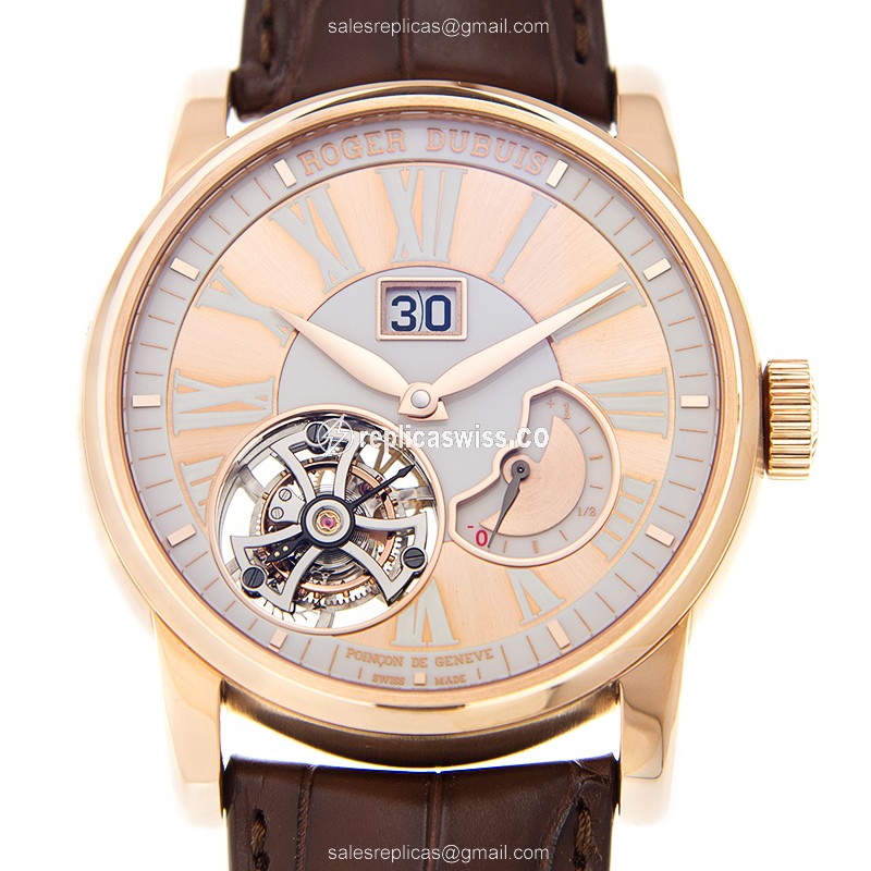 Luxurious Roger Dubuis DBHO0568 HOMMAGE Manual Wind in 18kt Rose Gold with Gold Dial & Alligator