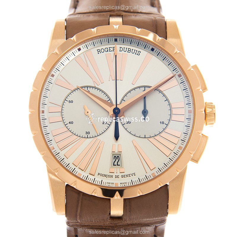 Luxurious Roger Dubuis RDDBEX0390 EXCALIBUR Automatic Gold Watch, Brown Alligator Strap, Sapphire