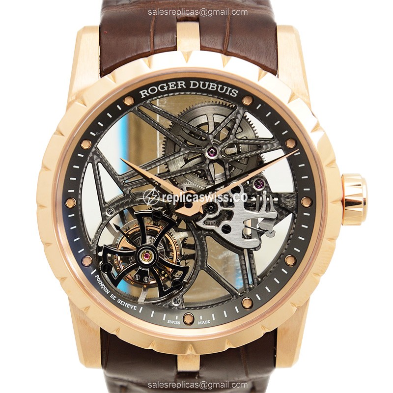 Luxurious Roger Dubuis RDDBEX0392 Excalibur Replica, Manual Wind, 18kt Rose Gold Case, Skull Dial