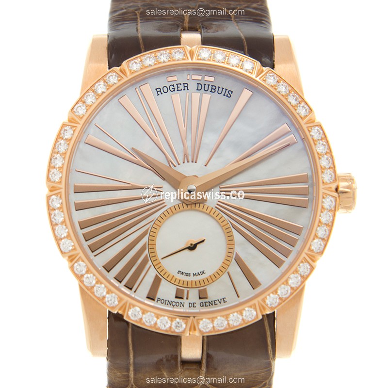 Luxurious Roger Dubuis RDDBEX0493 EXCALIBUR Automatic Watch with White Dial & Brown Alligator Strap