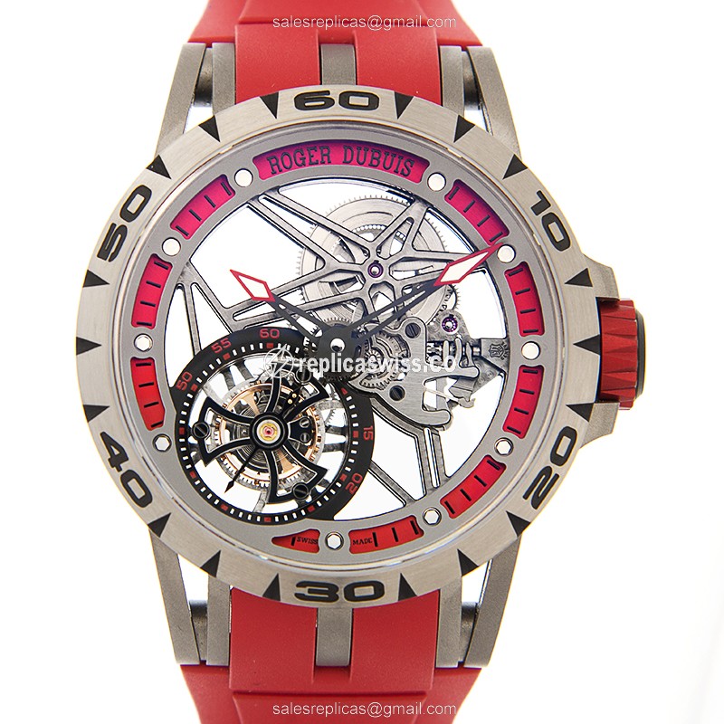 Luxurious Roger Dubuis RDDBEX0545 Excalibur Manual Wind Titanium Replica, Skull Dial, Red Rubber