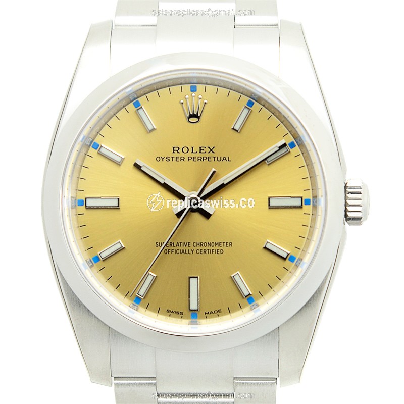 Luxurious Rolex 114200BRONZE OYSTER Perpetual Replica in Gold Dial & Stainless Steel Case Watch
