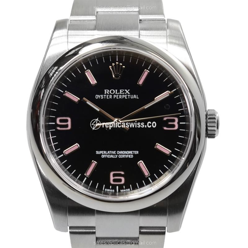 Luxurious Rolex 116000BKAR369PK OYSTER PERPETUAL Replica in Black Dial & Stainless Steel Case Watch