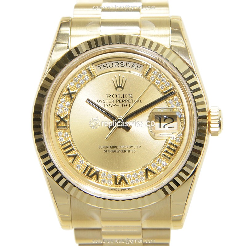 Luxurious Rolex 118238 DAY-DATE Replica in 18kt Gold with Automatic Movement Gold Dial Watch