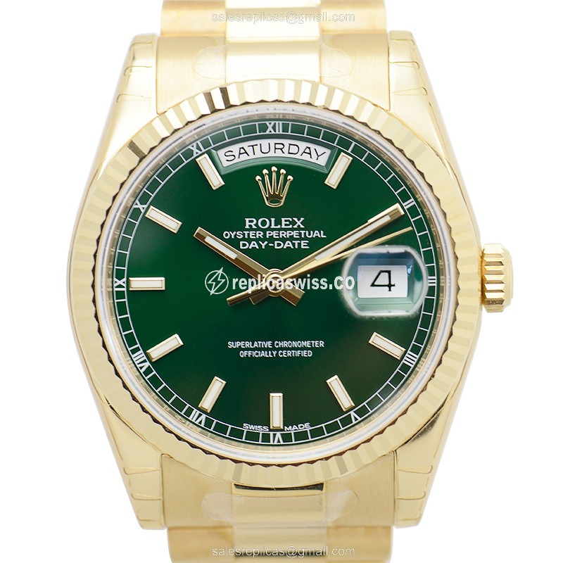 Luxurious Rolex 118238GN DAY-DATE Replica in 18kt Gold, Automatic Movement & Green Dial Watch