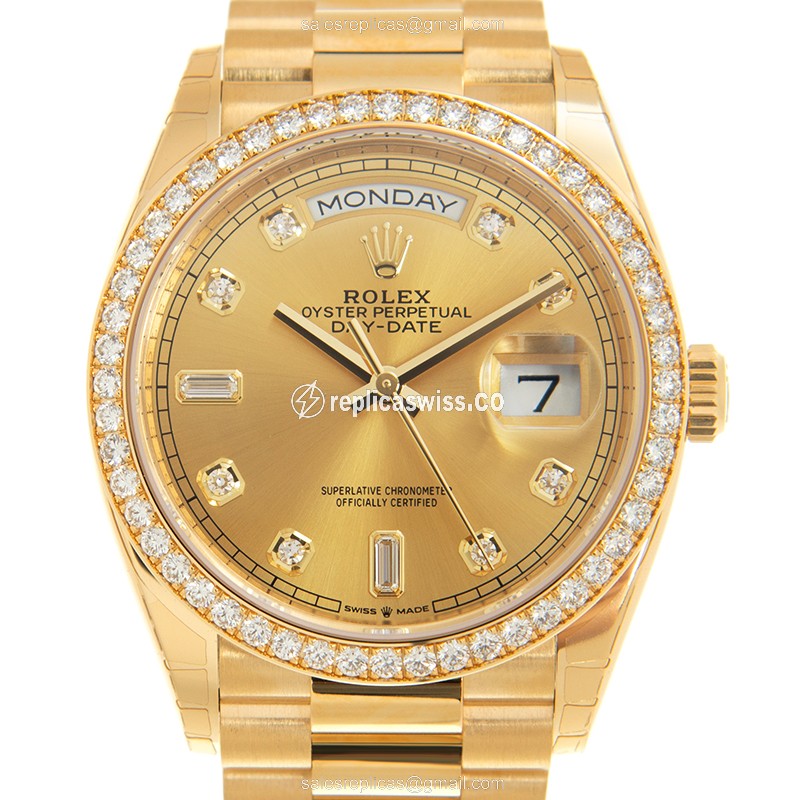 Luxurious Rolex 128348RBR-0008 DAY-DATE Replica in 18kt Gold, Automatic Movement, Polished