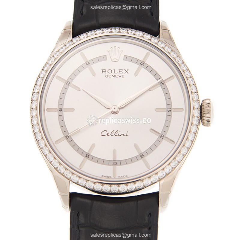 Luxurious Rolex Cellini 50709RBR Replica in 18kt White Gold, Automatic Movement & Silver Dial Watch