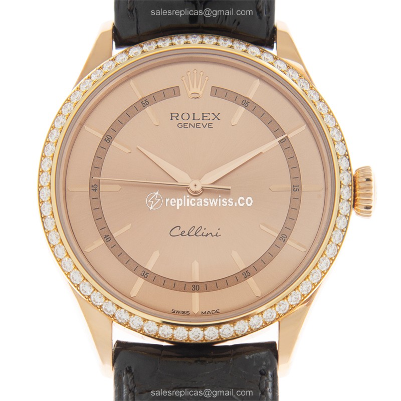 Luxurious Rolex Cellini Replica in 18kt Rose Gold & Pink Dial, Automatic Movement & Alligator Strap