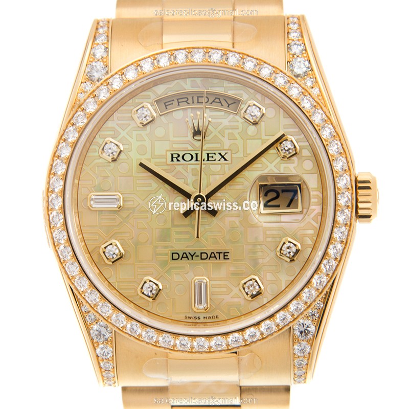 Luxurious Rolex DAY-DATE 118388 Replica in 18kt Gold with Sapphire Crystal & Diamond Bezel Watch