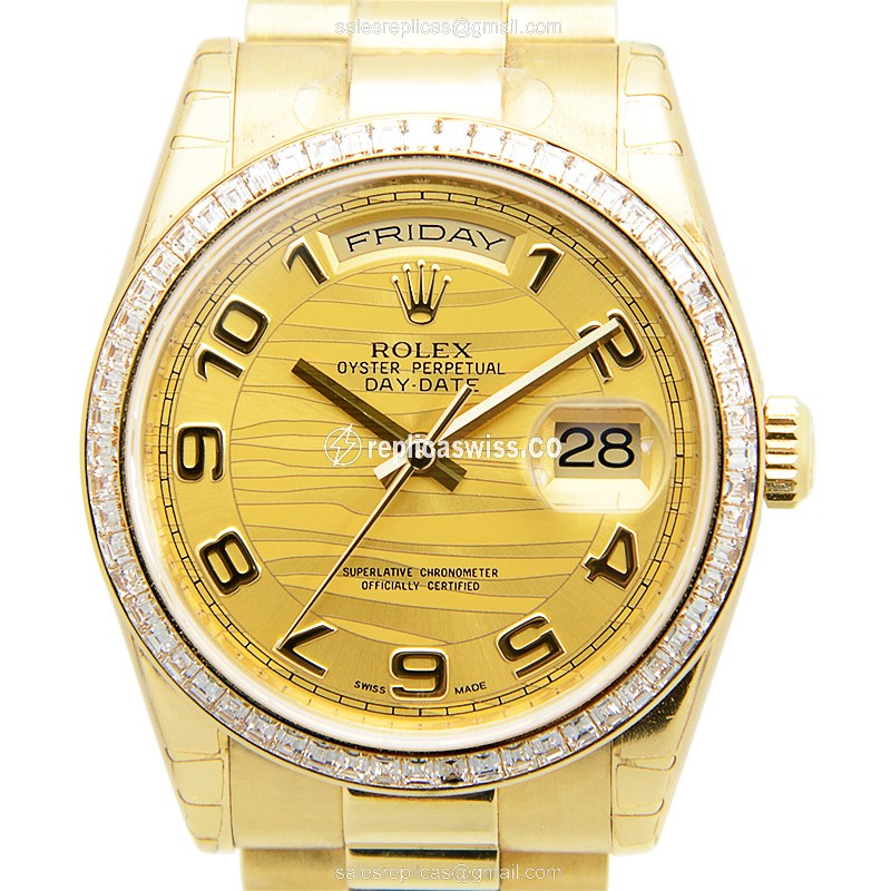 Luxurious Rolex Day-Date 118398BRWAVEAR Replica in 18kt Gold & Diamond, Automatic Movement Watch