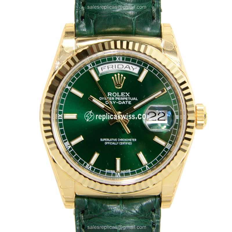 Luxurious Rolex DAY-DATE Replica in 18kt Gold, Automatic Movement, Dark Green Dial & Leather Strap