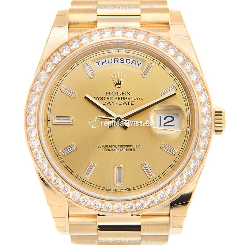 Luxurious Rolex DAY-DATE Replica in 18kt Gold, Automatic Movement, Sparkling Diamond Bezel Watch