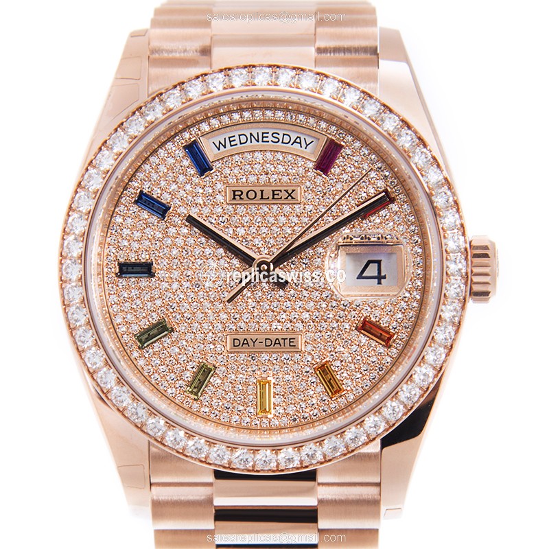 Luxurious Rolex DAY-DATE Replica in 18kt Gold & Pink Strap, Automatic Movement, Polished Crystal