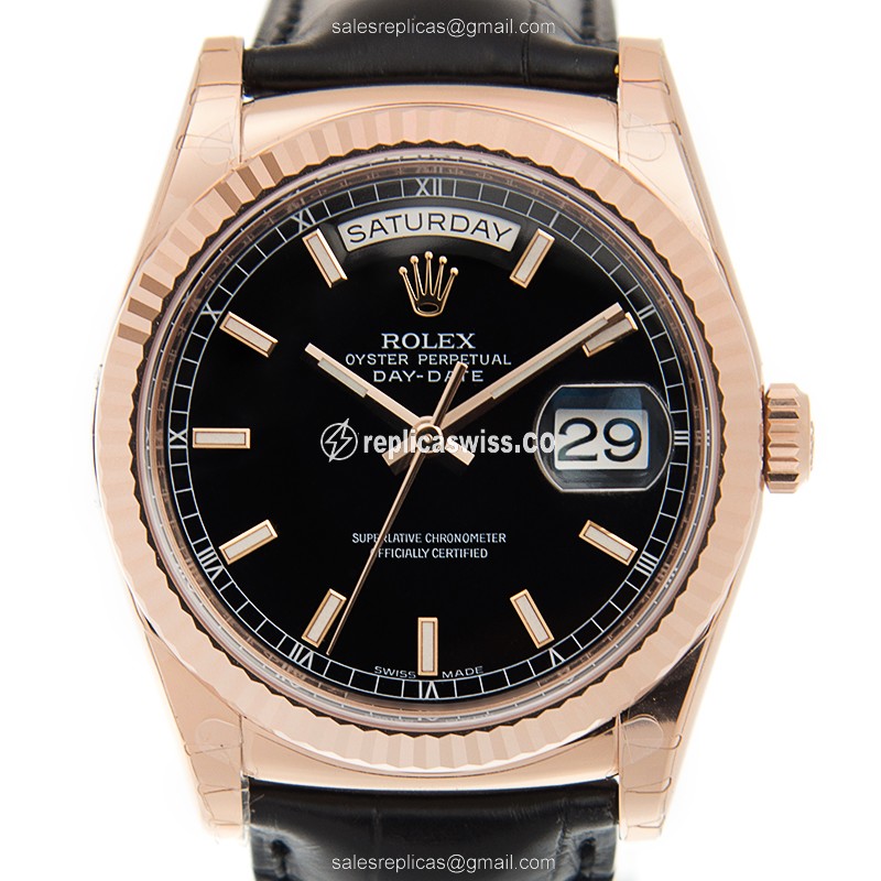 Luxurious Rolex Day-Date Replica in 18kt Rose Gold, Automatic Movement, Black Dial & Leather Strap