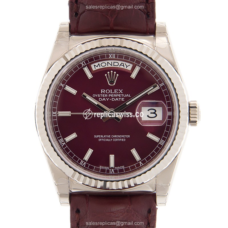 Luxurious Rolex Day-Date Replica in Red Dial & 18kt White Gold Case, Automatic Movement Watch
