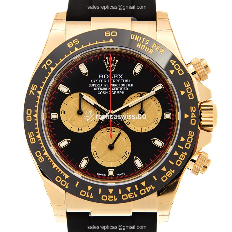 Luxurious Rolex Daytona Replica in 18kt Yellow Gold — Automatic Movement, Black Dial & Rubber Strap