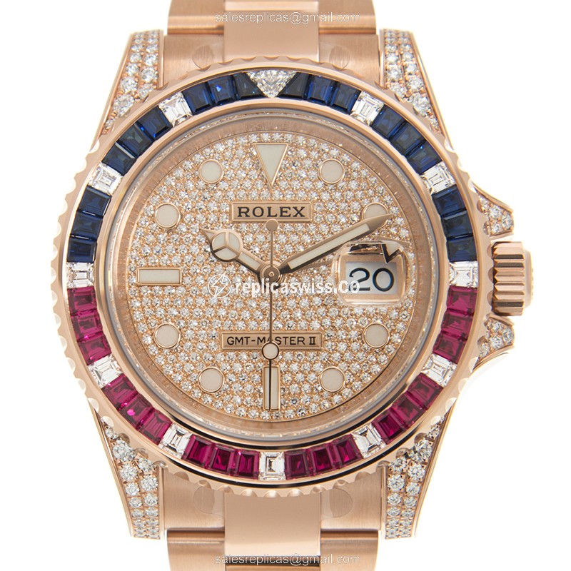 Luxurious Rolex GMT-MASTER II Replica in 18kt Rose Gold, Automatic Movement, Black Dial Watch