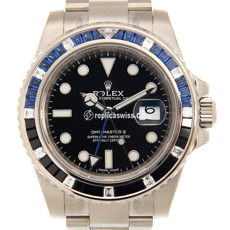 Luxurious Rolex GMT-MASTER II Replica in 18kt White Gold & Diamond, Automatic Movement, Black Dial