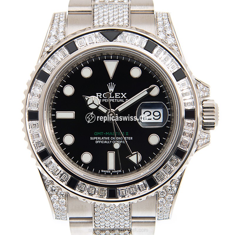 Luxurious Rolex GMT-MASTER II Replica in 18kt White Gold & Diamond, Automatic Movement, Black Dial