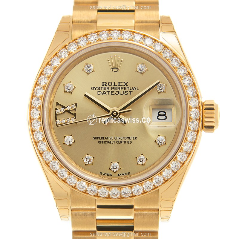 Luxurious Rolex Lady Datejust Replica in 18kt Gold, Automatic Movement, Diamond Dial Watch