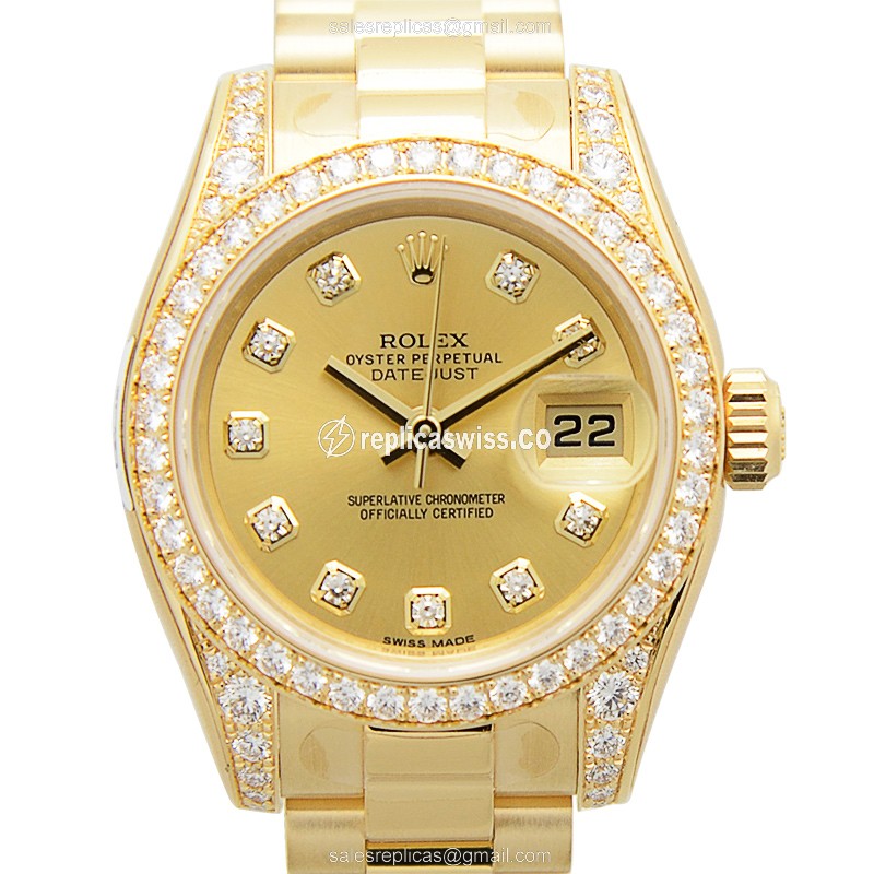 Luxurious Rolex Lady Datejust Replica in 18kt Gold, Automatic Movement, Elegant Gold Dial Watch