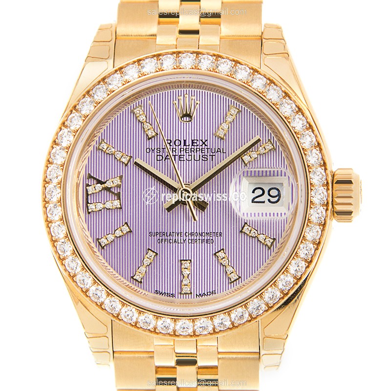 Luxurious Rolex Lady Datejust Replica in 18kt Gold, Automatic Movement & Purple Dial Watch