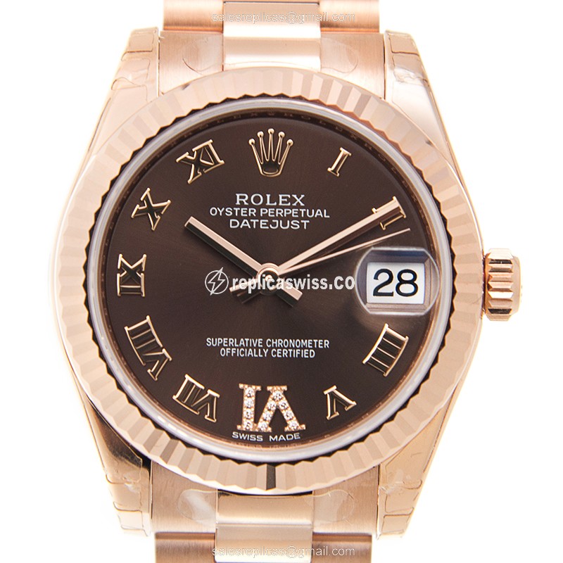 Luxurious Rolex Lady Datejust Replica in 18kt Gold Case & Brown Dial, Automatic Movement Watch