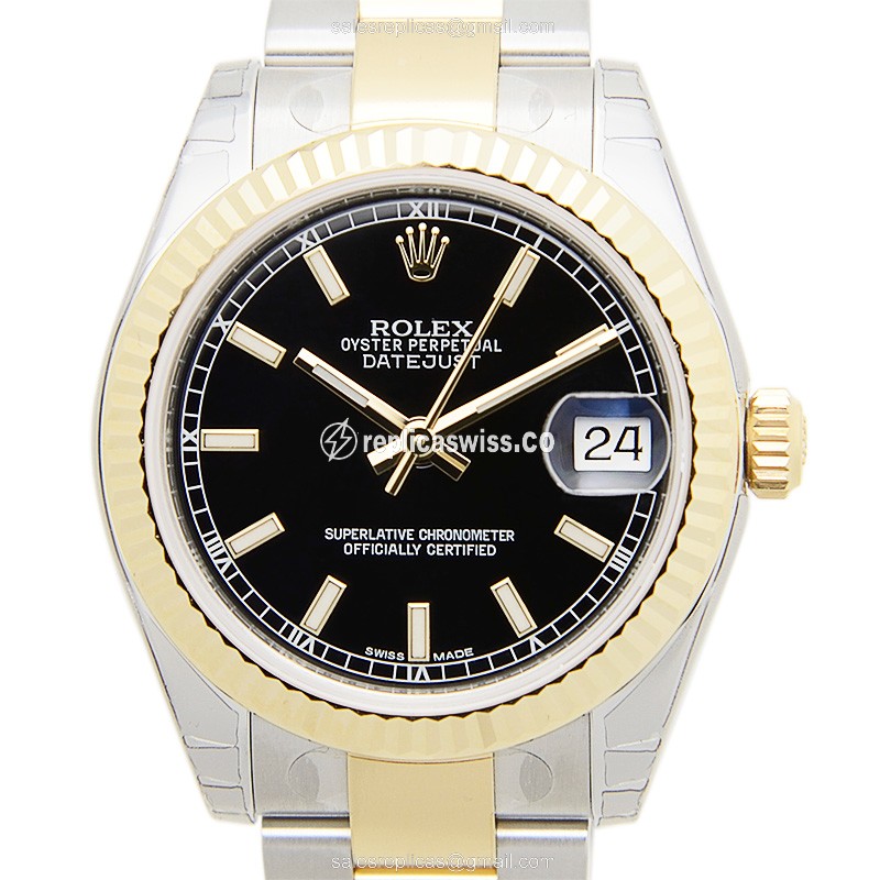 Luxurious Rolex Lady Datejust Replica in 18kt Gold & Steel, Automatic Movement, Black Dial Watch