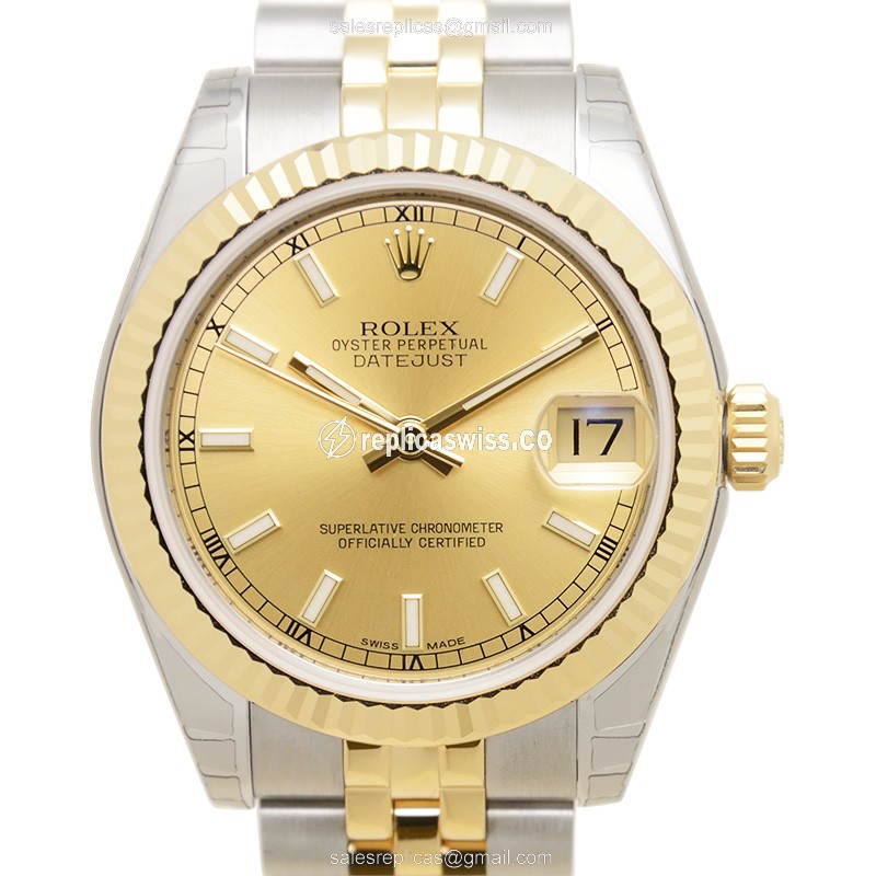 Luxurious Rolex Lady Datejust Replica in 18kt Gold Steel, Automatic Movement, Elegant Gold Dial