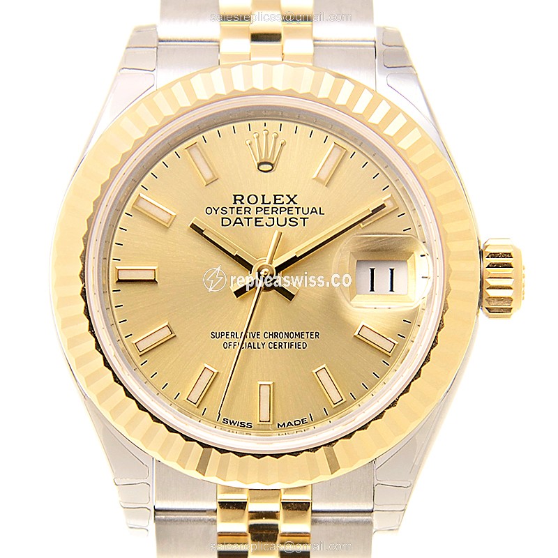 Luxurious Rolex Lady Datejust Replica in 18kt Gold & Steel, Automatic Movement & Gold Dial Watch