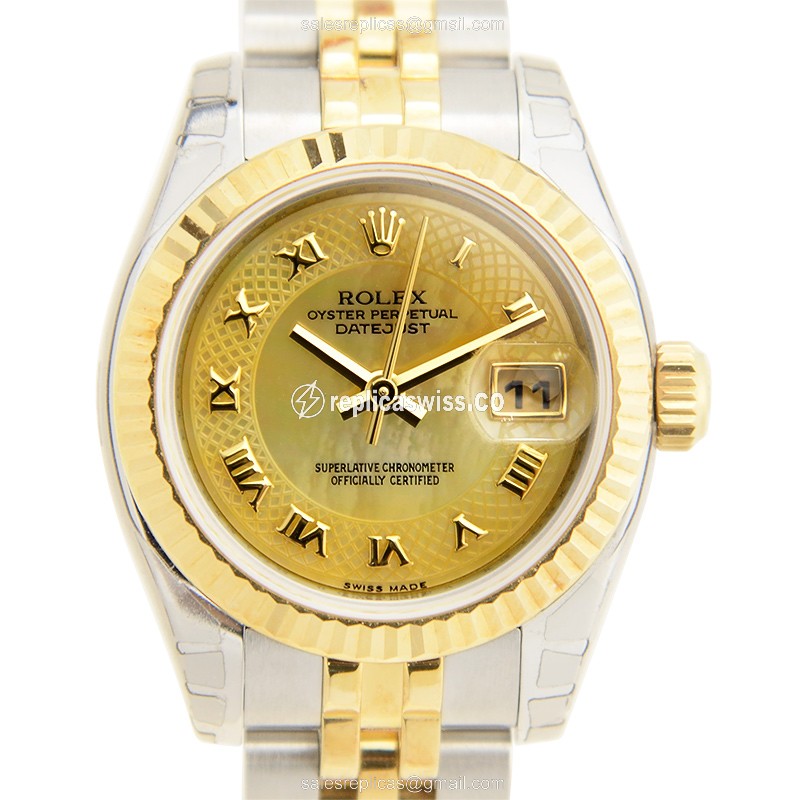 Luxurious Rolex Lady Datejust Replica in 18kt Gold & Steel, Automatic Movement, Silver Strap Watch