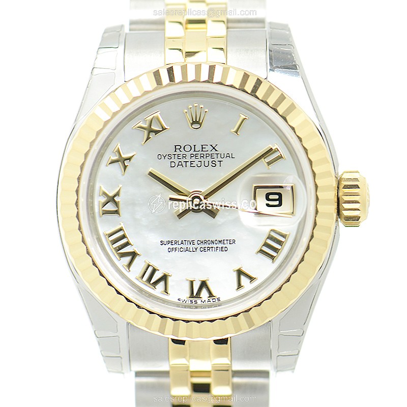 Luxurious Rolex Lady Datejust Replica in 18kt Gold & Steel, Automatic Movement & White Dial Watch