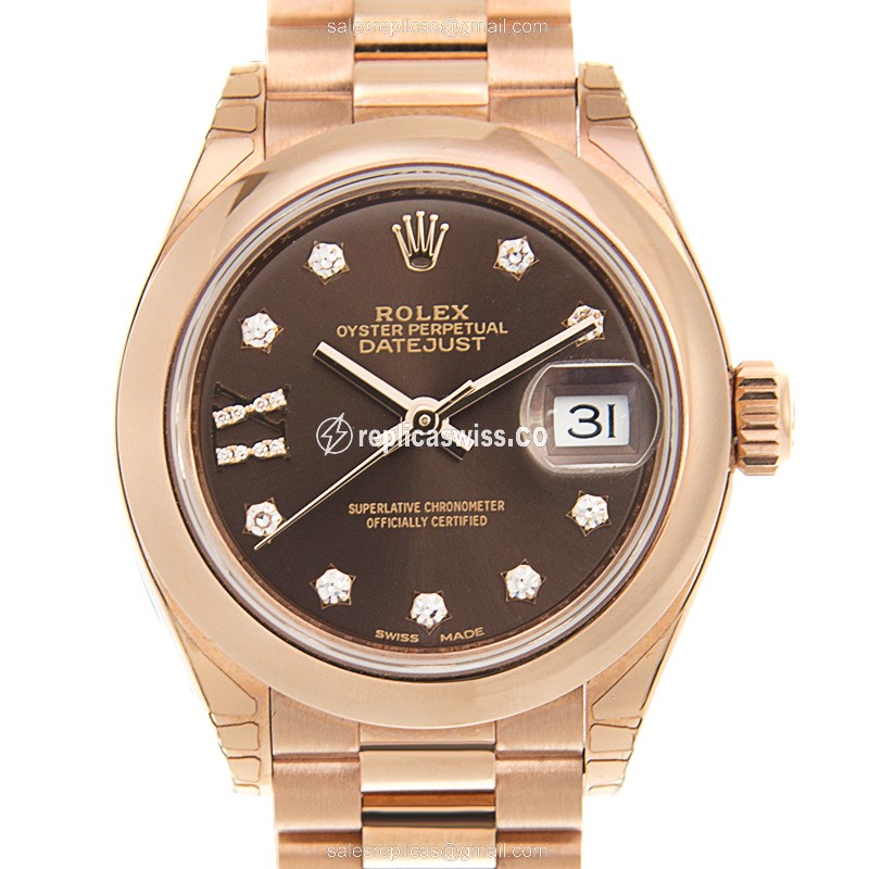 Luxurious Rolex Lady Datejust Replica in 18kt Gold with Automatic Movement & Brown Dial Watch