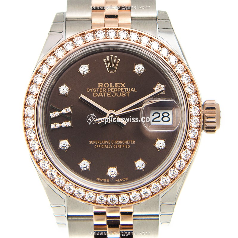Luxurious Rolex Lady Datejust Replica in 18kt Rose Gold, Automatic Movement, Brown Dial & Diamond