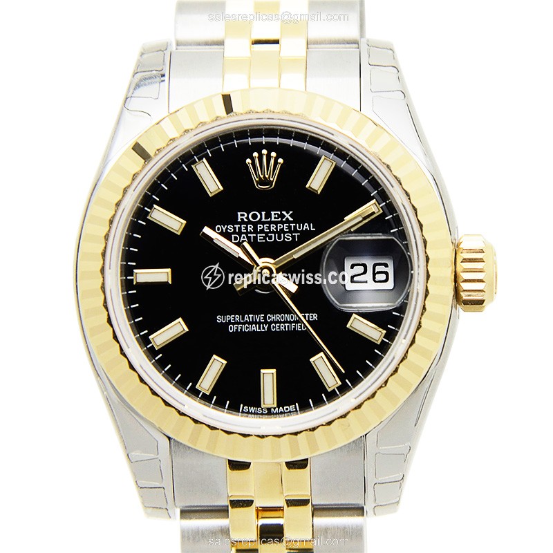 Luxurious Rolex Lady Datejust Replica in 18kt Steel Case & Black Dial, Automatic Movement Watch