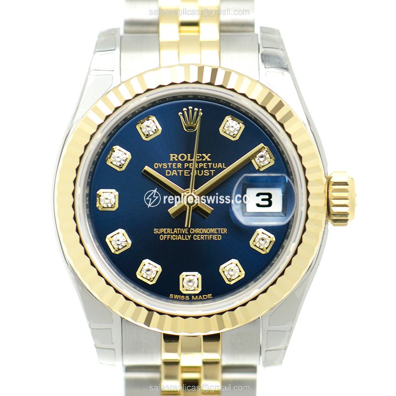 Luxurious Rolex Lady Datejust Replica in 18kt Steel & Gold, Automatic Movement & Blue Dial Watch