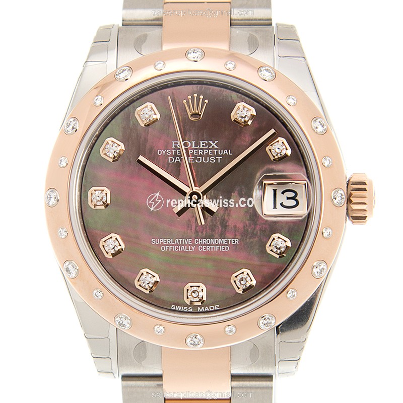Luxurious Rolex Lady Datejust Replica in 18kt Steel & Rose Gold, Automatic Movement & Black Dial