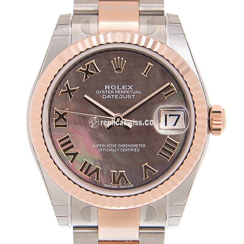 Luxurious Rolex Lady Datejust Replica in 18kt Steel & Rose Gold, Automatic Movement, Black Dial
