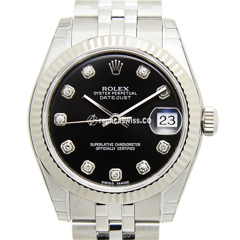 Luxurious Rolex Lady Datejust Replica in 18kt White Gold & Steel, Automatic Movement, Black Dial